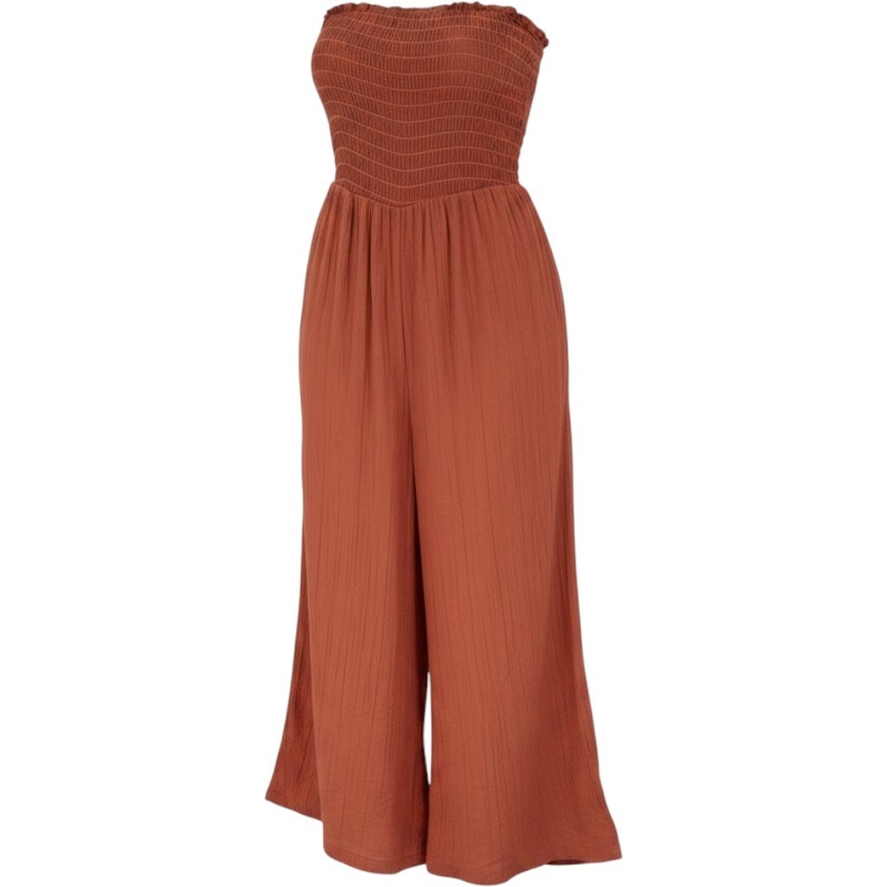 Rust Orange Smocked Strapless Wide Leg Jumpsuit‎ Boho Textured Gauze Women Small